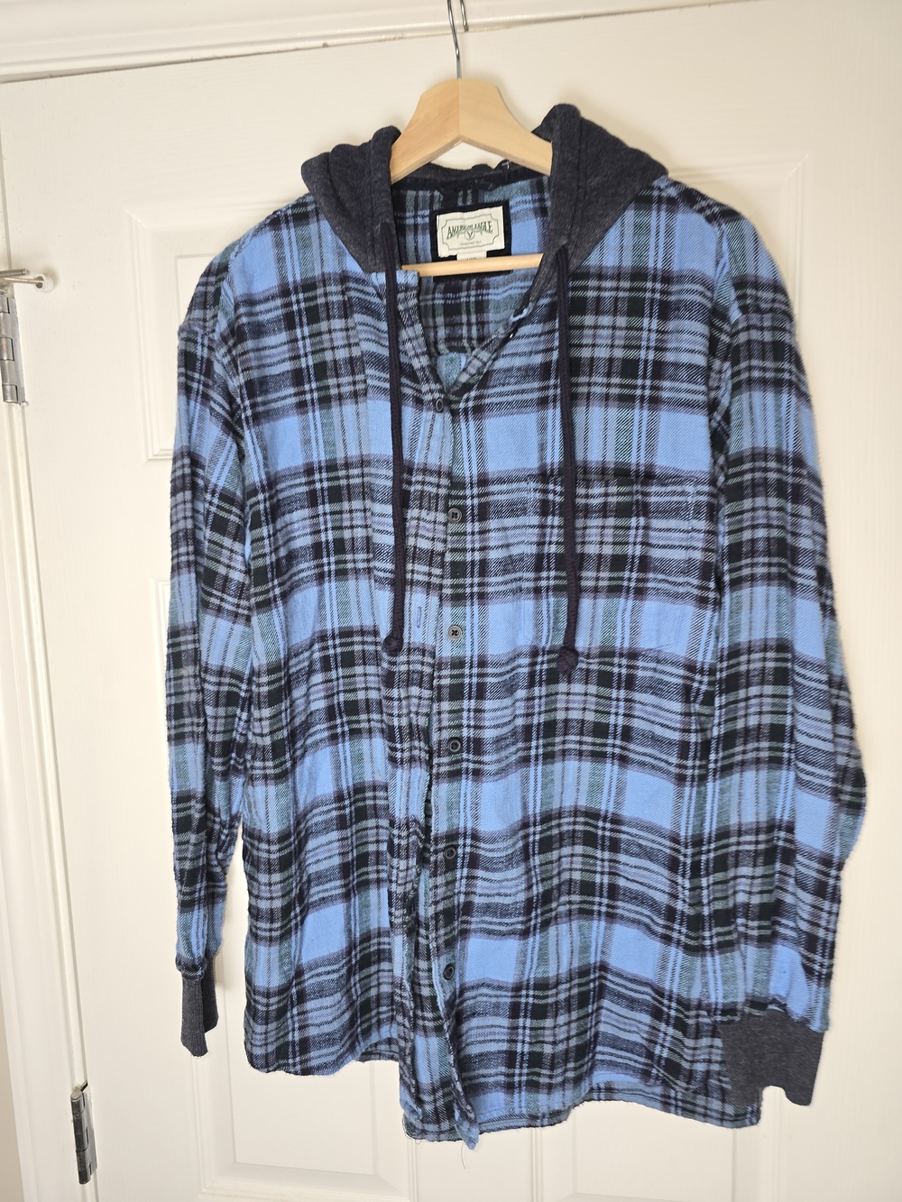 American Eagle Outfitters Light Blue and Black Plaid Hooded Button-Down Shirt L